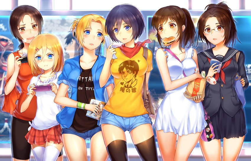 mikasa ackerman, eren yeager, krista lenz, ymir, annie leonhart, and 4 more (shingeki no kyojin) drawn by suika01