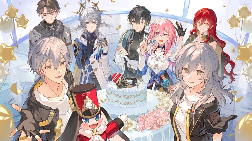 trailblazer, stelle, march 7th, caelus, dan heng, and 3 more (honkai and 1 more) drawn by kanangnsn
