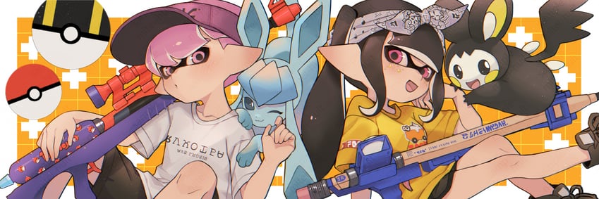 inkling player character, inkling girl, inkling boy, glaceon, and emolga (pokemon and 2 more) drawn by oekk_8
