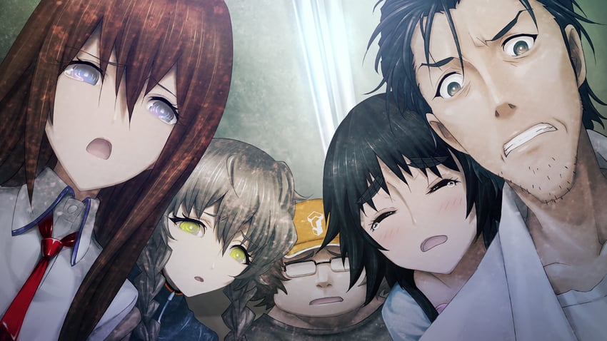 makise kurisu, okabe rintarou, shiina mayuri, amane suzuha, and hashida itaru (steins;gate and 1 more) drawn by huke