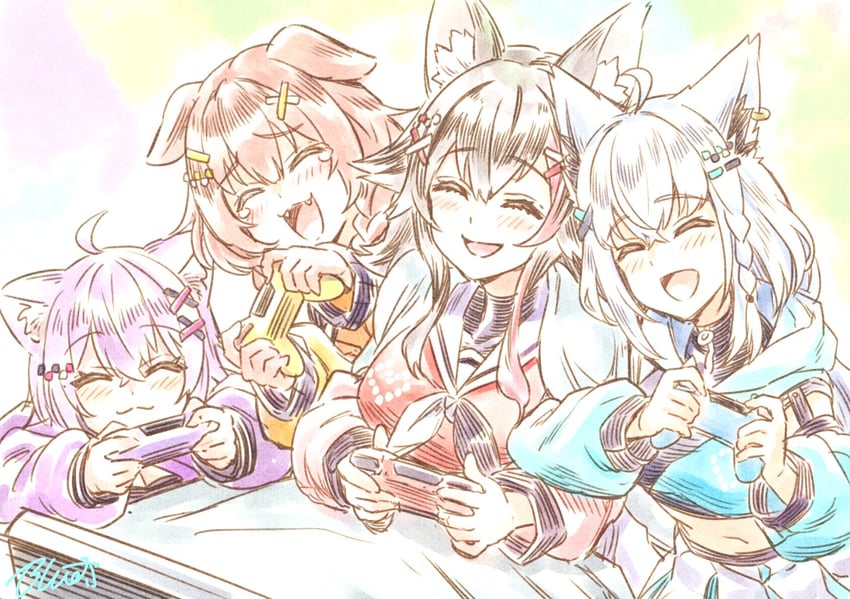 shirakami fubuki, nekomata okayu, ookami mio, and inugami korone (hololive) drawn by buru-dai