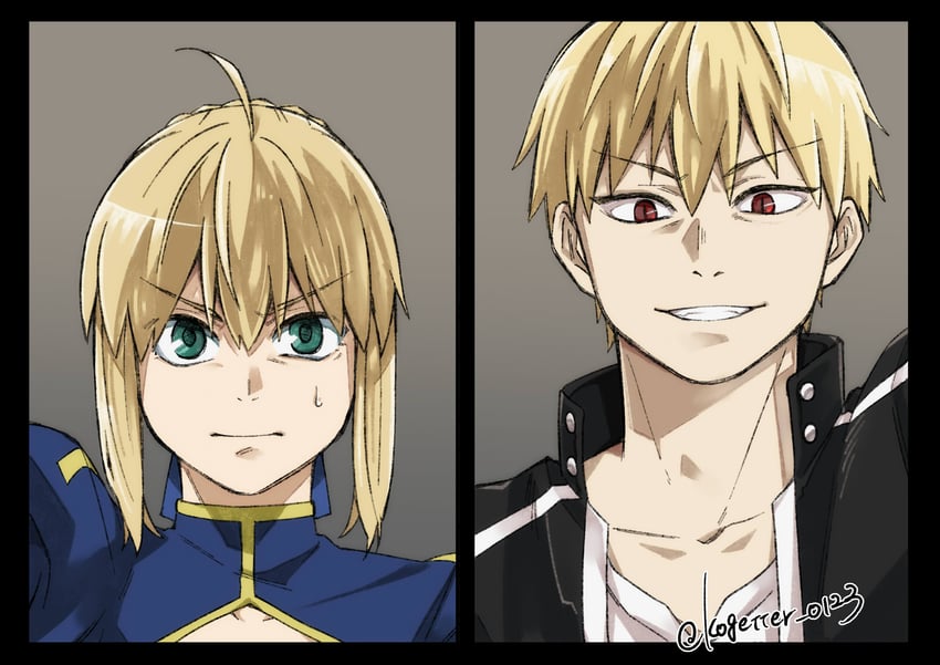 artoria pendragon, saber, and gilgamesh (fate and 1 more) drawn by moonlight_0423