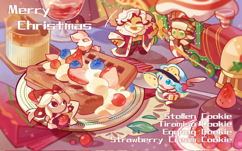 eggnog cookie, tiramisu cookie, strawberry cream cookie, and stollen cookie (cookie run and 1 more) drawn by bradyclaph83904