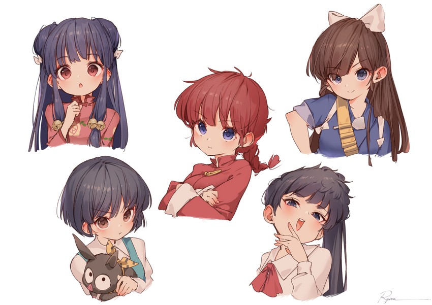ranma-chan, shampoo, tendou akane, p-chan, kuonji ukyou, and 1 more (ranma 1/2) drawn by ryota_(ry_o_ta)