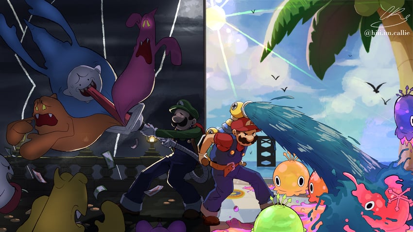 mario, luigi, boo, f.l.u.d.d., gold ghost, and 4 more (mario and 2 more) drawn by hiiiimcallie