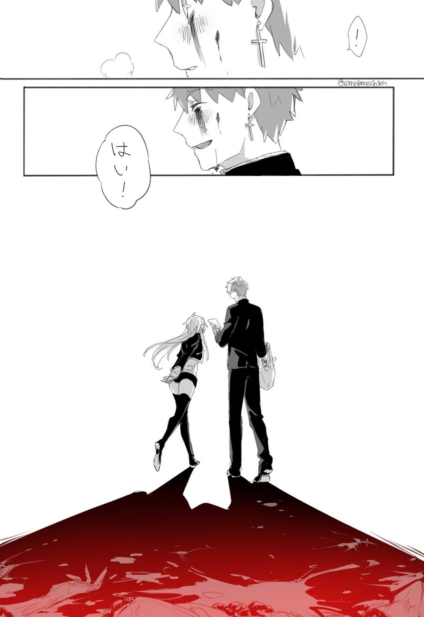 gilgamesh, emiya shirou, and kotomine shirou (fate and 1 more) drawn by 88_(einnimnech)