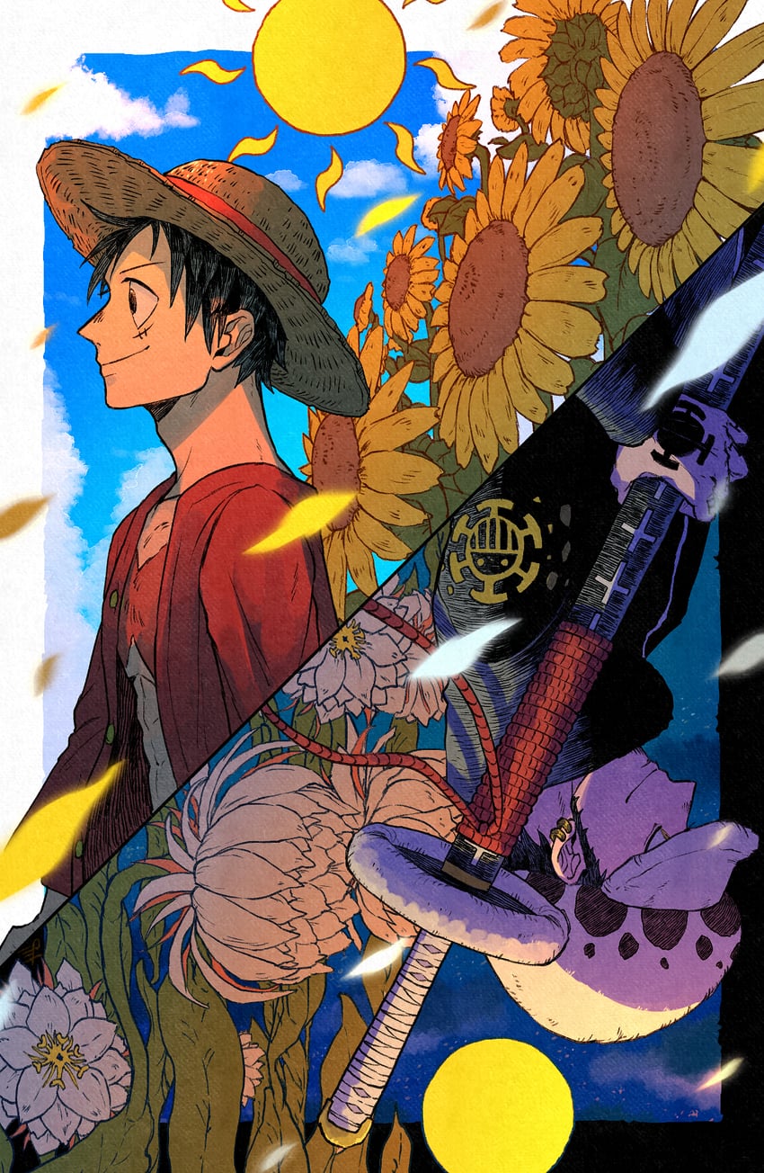 monkey d. luffy and trafalgar law (one piece) drawn by purana7878