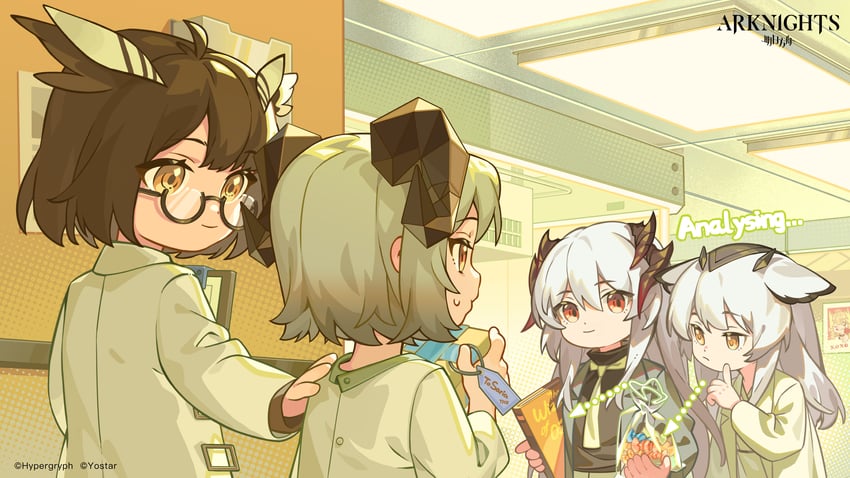 saria, silence, ifrit, and ptilopsis (arknights) drawn by favilia