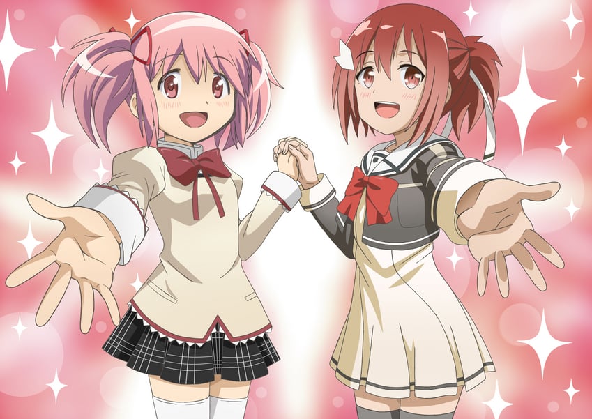 kaname madoka and yuuki yuuna (mahou shoujo madoka magica and 3 more) drawn by riokasen