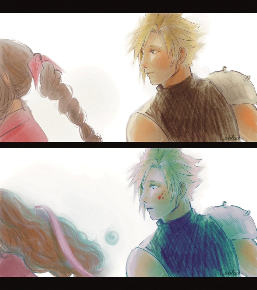 cloud strife and aerith gainsborough (final fantasy and 3 more) drawn by canteatea