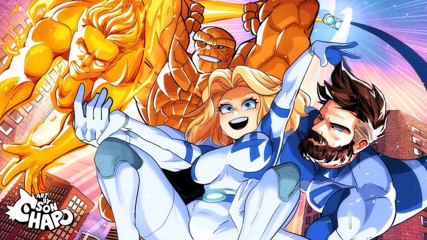 sue storm, reed richards, johnny storm, ben grimm, and human torch (marvel and 2 more) drawn by sonchapo