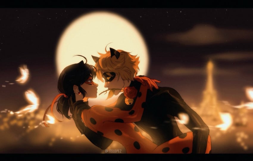 marinette dupain-cheng, adrien agreste, ladybug, and chat noir (miraculous ladybug) drawn by itslopezz
