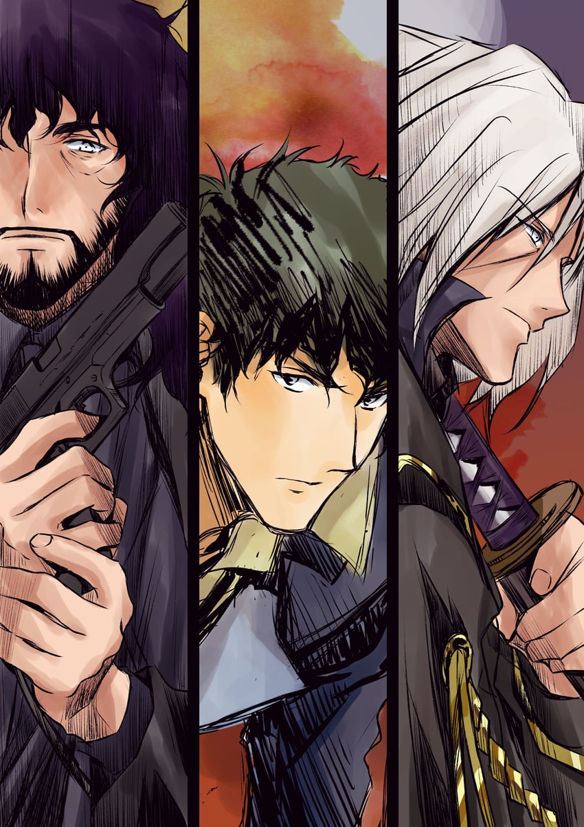 spike spiegel, vicious, and vincent volaju (cowboy bebop) drawn by tobalin