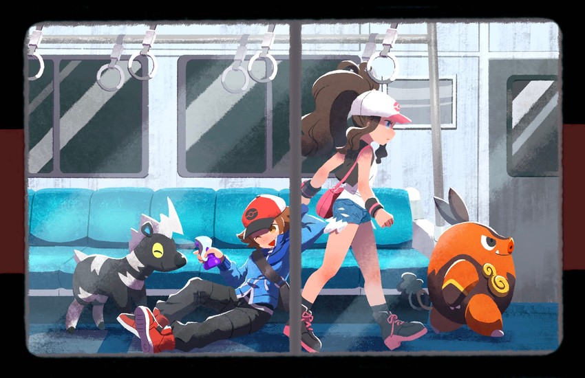 hilda, hilbert, pignite, and blitzle (pokemon and 1 more) drawn by iroidori4422