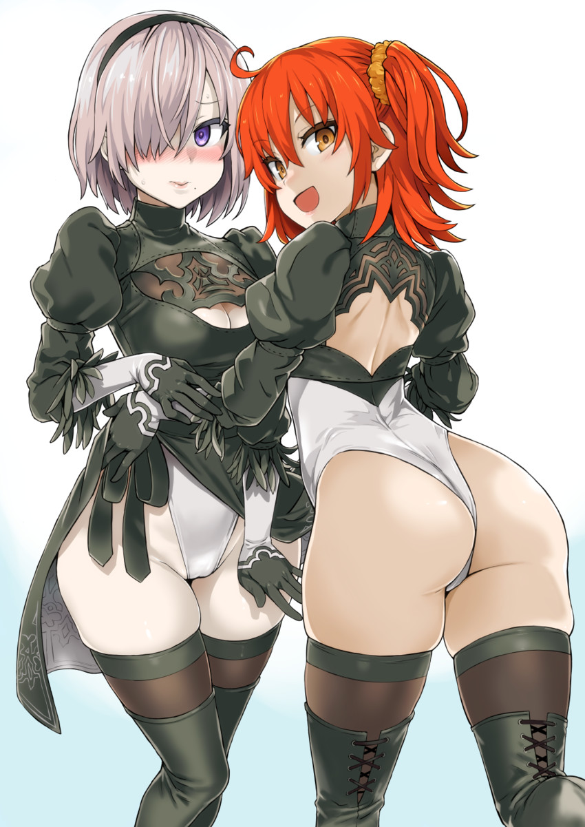 mash kyrielight, fujimaru ritsuka, and 2b (fate and 3 more) drawn by asanagi
