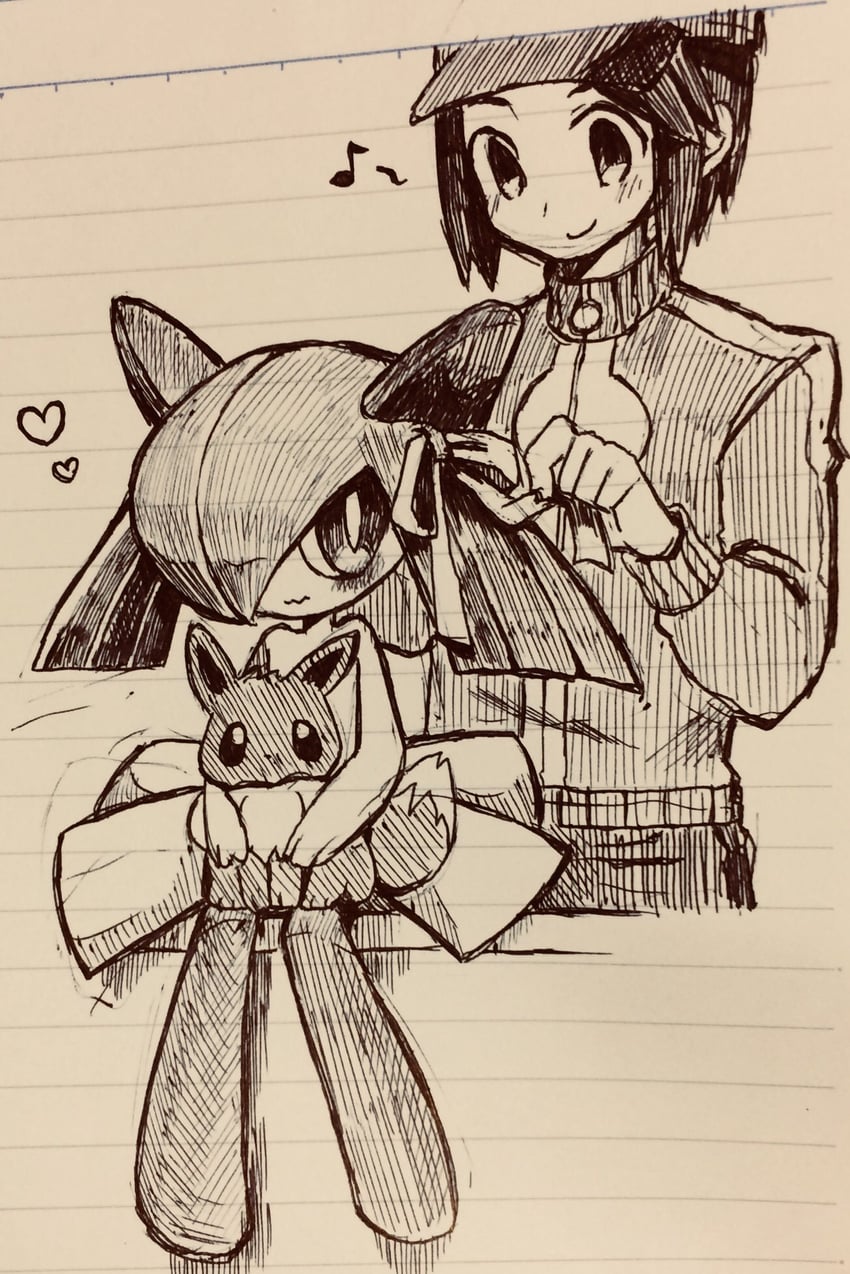 eevee, kirlia, and calem (pokemon and 1 more) drawn by pua9280