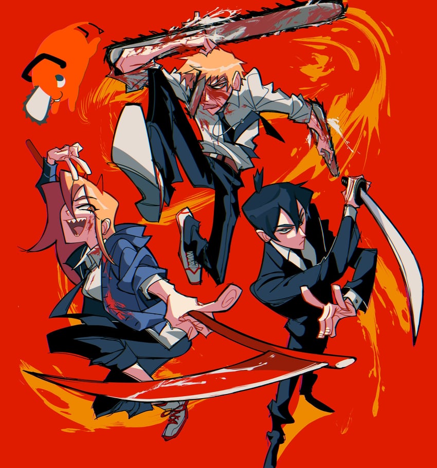 power, denji, hayakawa aki, and pochita (chainsaw man) drawn by min_(minthaver)