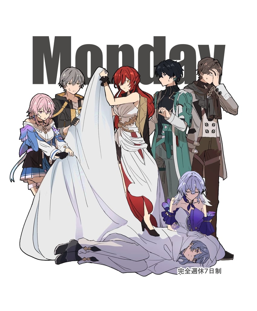 trailblazer, march 7th, caelus, robin, dan heng, and 3 more (honkai and 1 more) drawn by 403pa