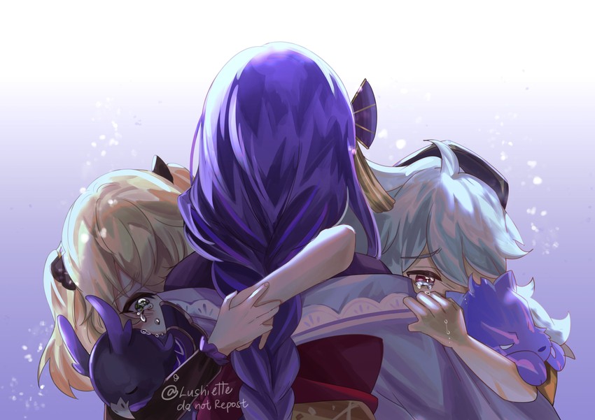 raiden shogun, fischl, razor, and oz (genshin impact) drawn by lushiette
