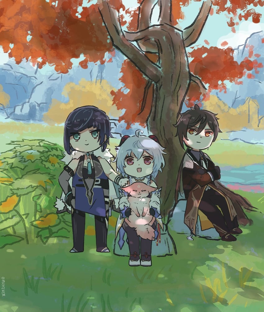 ganyu, yae miko, zhongli, and yelan (genshin impact) drawn by xinzoruo