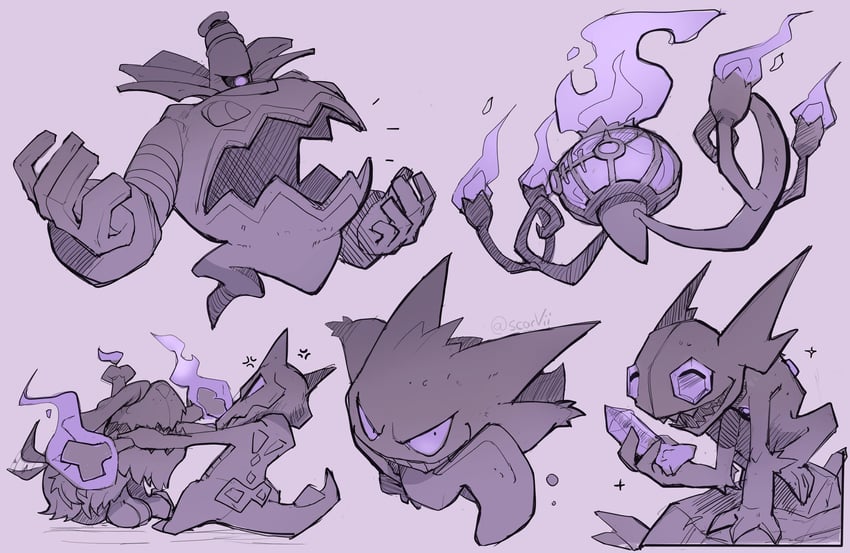 gengar, chandelure, sableye, dusknoir, greavard, and 1 more (pokemon) drawn by scarvii