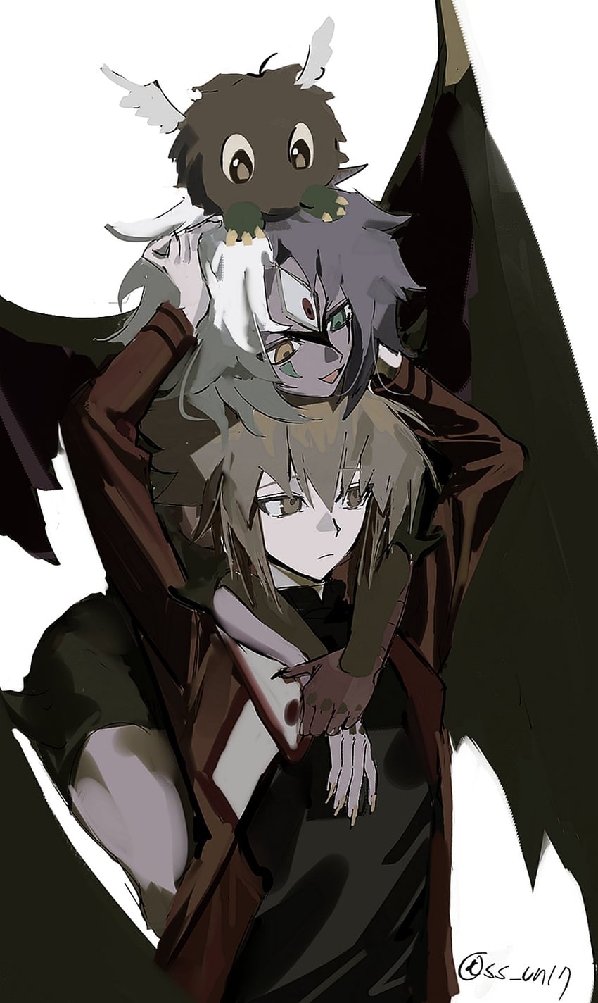 yuki judai, yubel, and winged kuriboh (yu-gi-oh! and 1 more) drawn by ss_un17