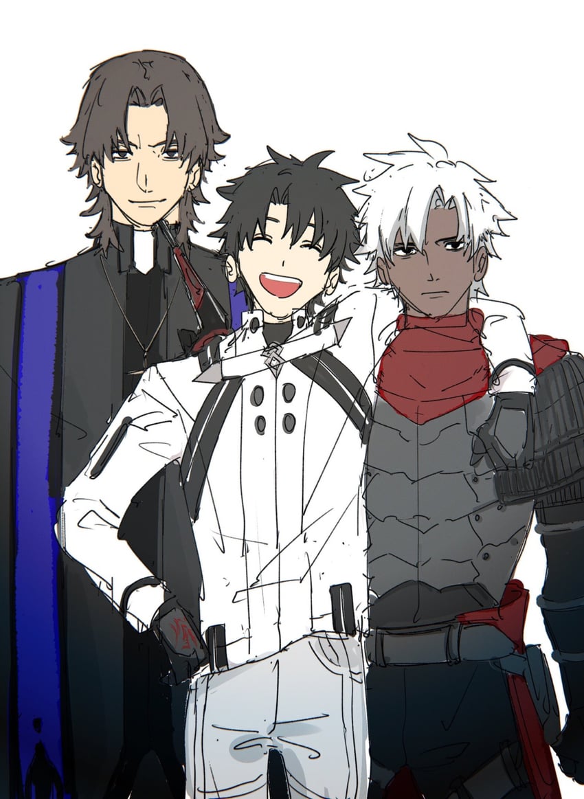 fujimaru ritsuka, kotomine kirei, emiya kiritsugu, and grigori rasputin (fate and 1 more) drawn by sekaihan_(jpyee48)