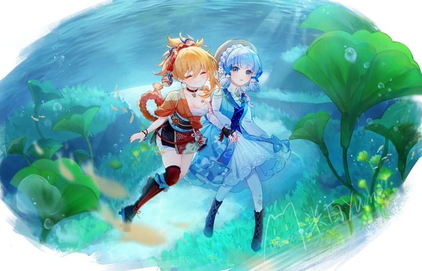 kamisato ayaka and yoimiya (genshin impact) drawn by mibai_yume
