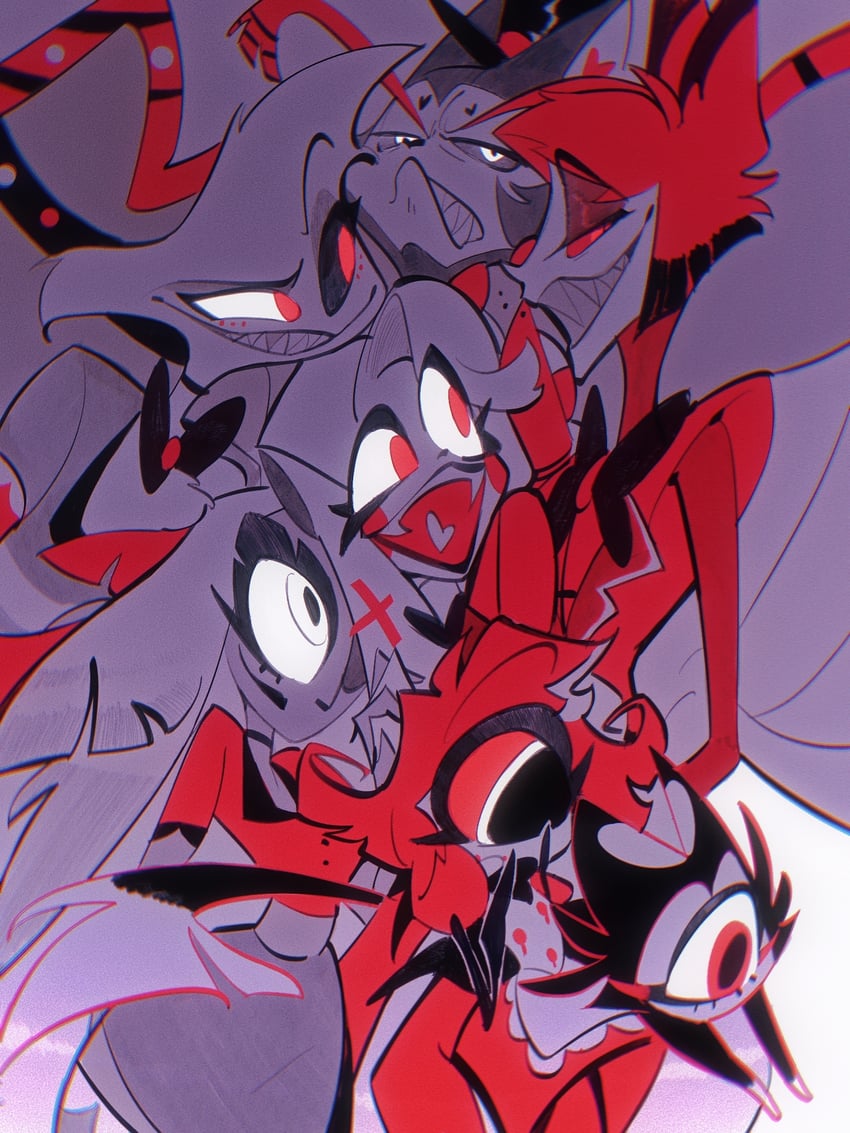 charlie morningstar, alastor, vaggie, angel dust, husk, and 2 more (hazbin hotel) drawn by mudeng_juice