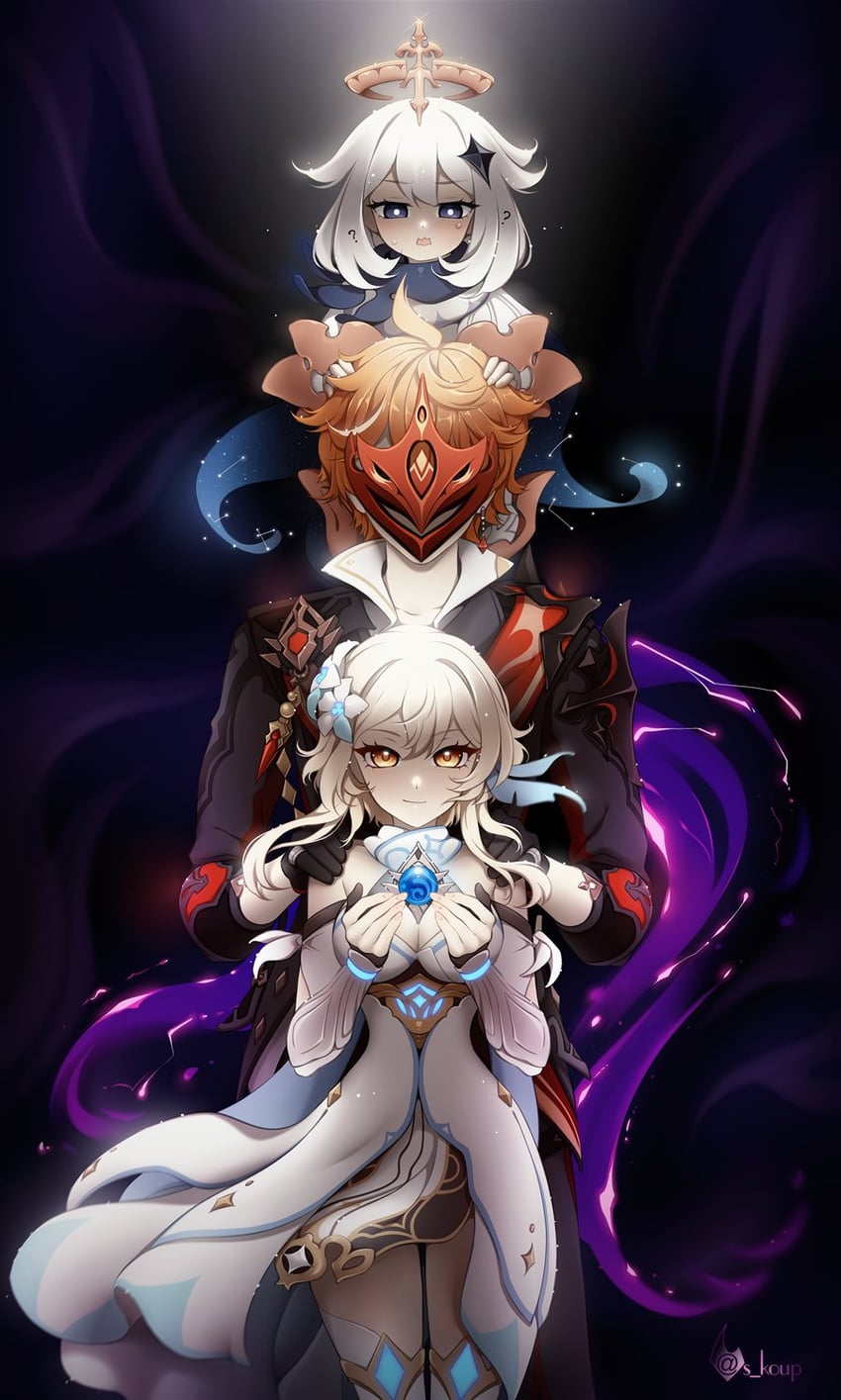 lumine, paimon, and tartaglia (genshin impact) drawn by shailo
