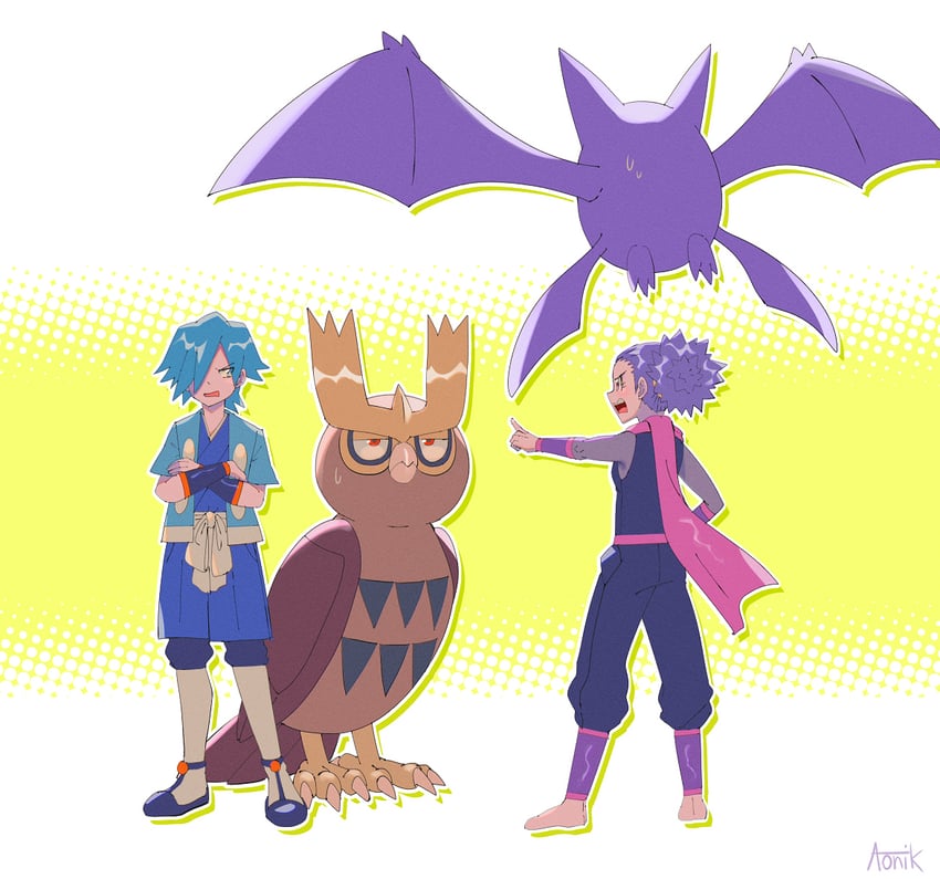 crobat, falkner, noctowl, and janine (pokemon and 1 more) drawn by aonik
