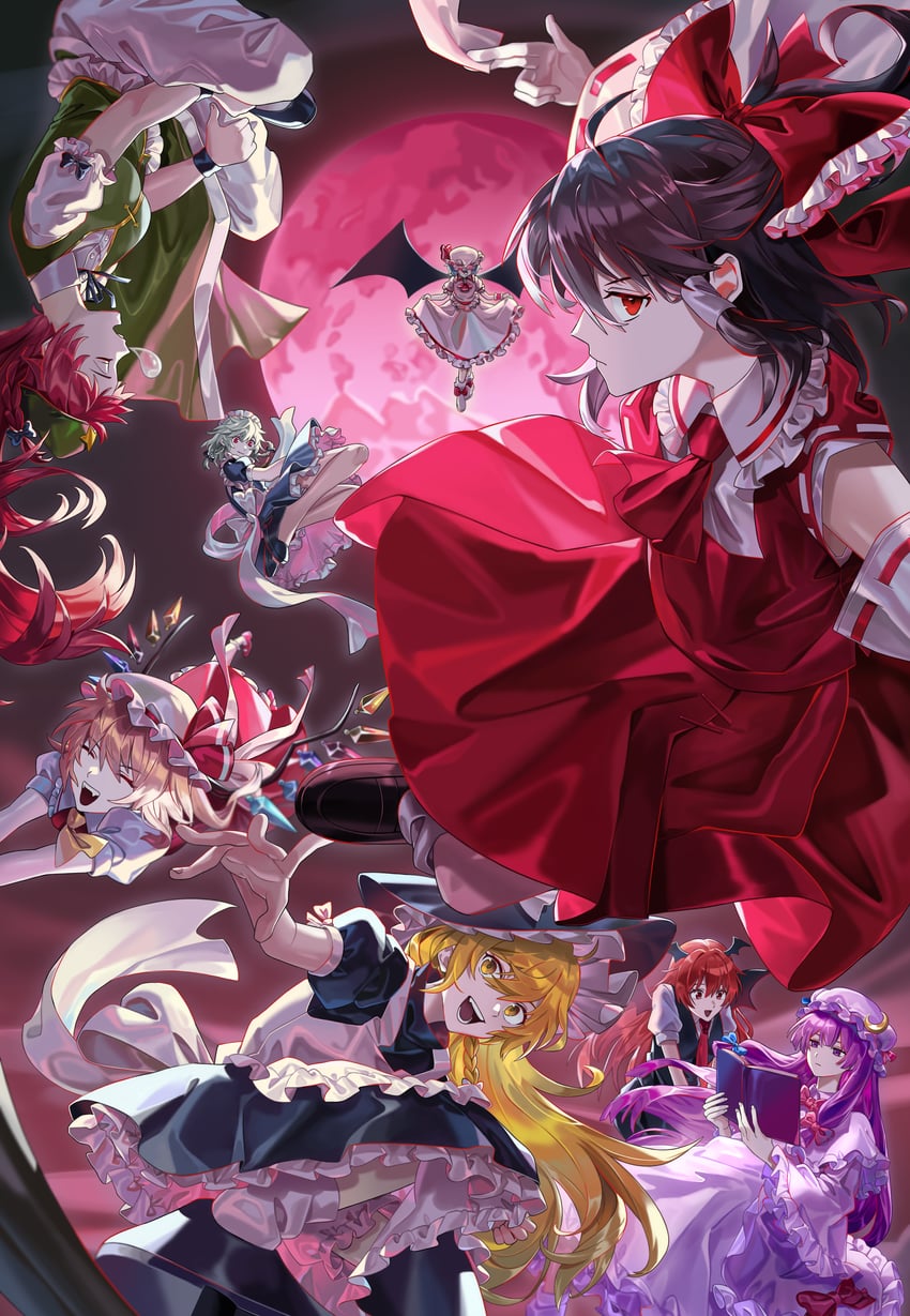 hakurei reimu, kirisame marisa, remilia scarlet, flandre scarlet, izayoi sakuya, and 3 more (touhou and 1 more) drawn by maka_(maka04021)