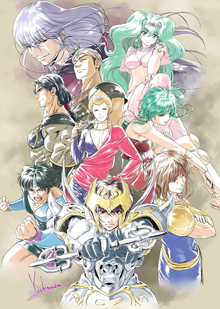 lakshu, shura-oh shurato, naara-oh renge, karura-oh reiga, yasha-oh gai, and 4 more (tenkuu senki shurato) drawn by yoshinaga_masahiro