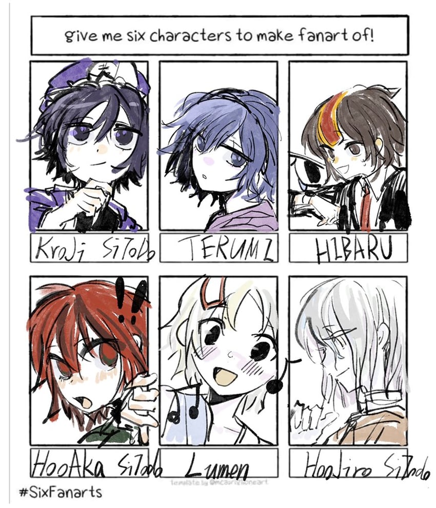 shitodo kuroji, shitodo hooaka, kokutenshi hibaru, shitodo hoojiro, celeritas lumen, and 1 more (len'en) drawn by lajixianyuisme
