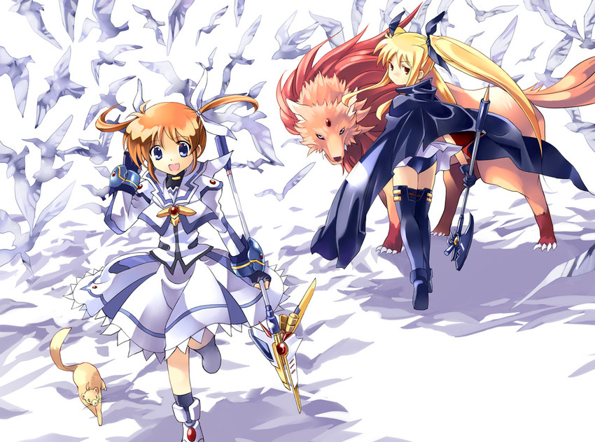 fate testarossa, takamachi nanoha, raising heart, yuuno scrya, arf, and 1 more (lyrical nanoha and 2 more) drawn by kouno_hikaru