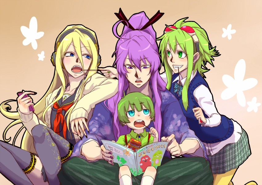 gumi, kamui gakupo, lily, ryuuto, gachapin, and 1 more (vocaloid and 1 more) drawn by tanaka_(parurupunt)