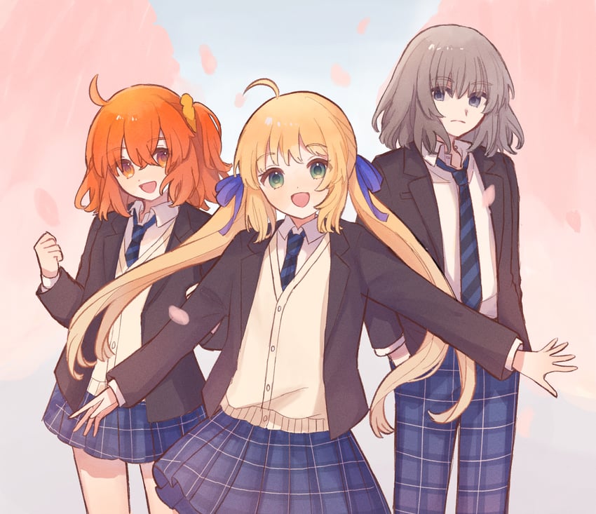 artoria pendragon, fujimaru ritsuka, artoria caster, oberon, saber, and 1 more (fate and 1 more) drawn by koromo_(osakana0525)