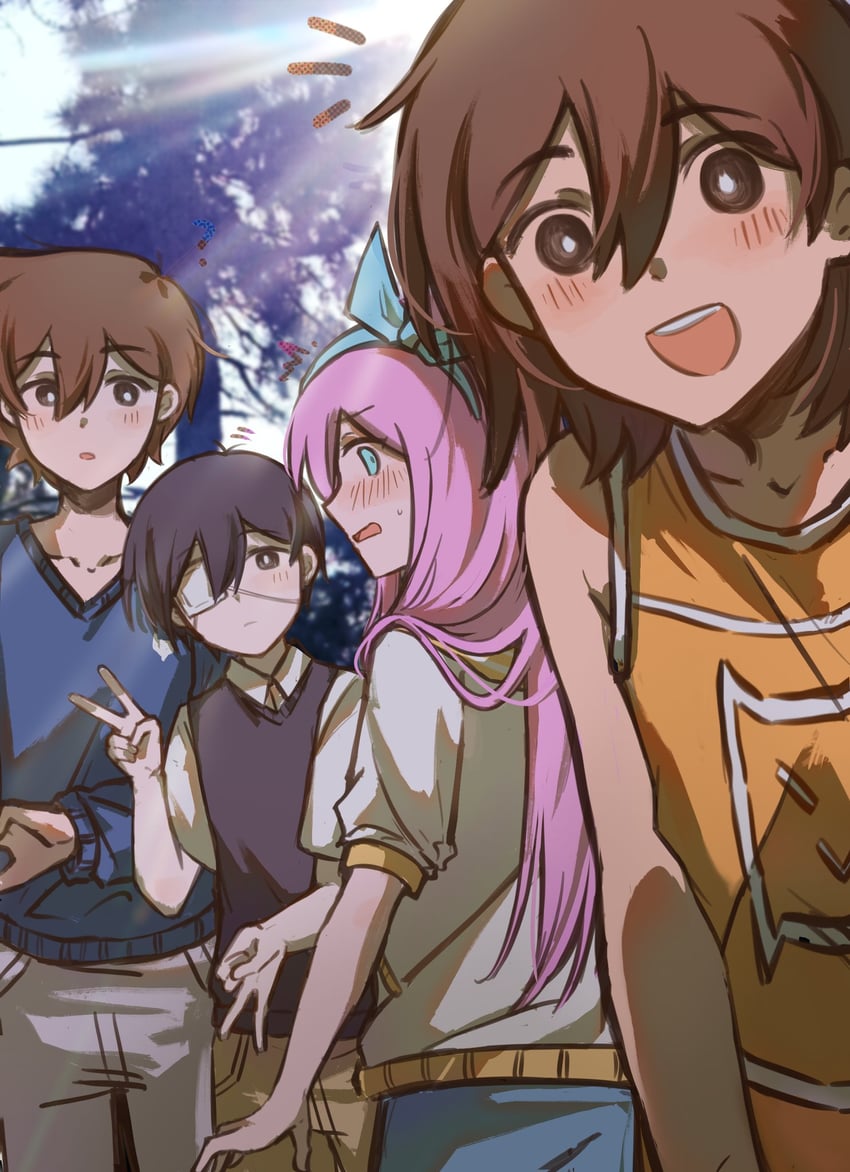 sunny, aubrey, kel, and hero (omori) drawn by bailan1130