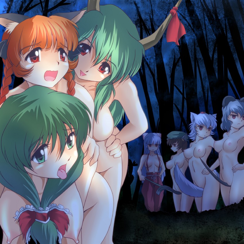 fujiwara no mokou, inubashiri momiji, kaenbyou rin, chen, kamishirasawa keine, and 4 more (touhou) drawn by wancozow