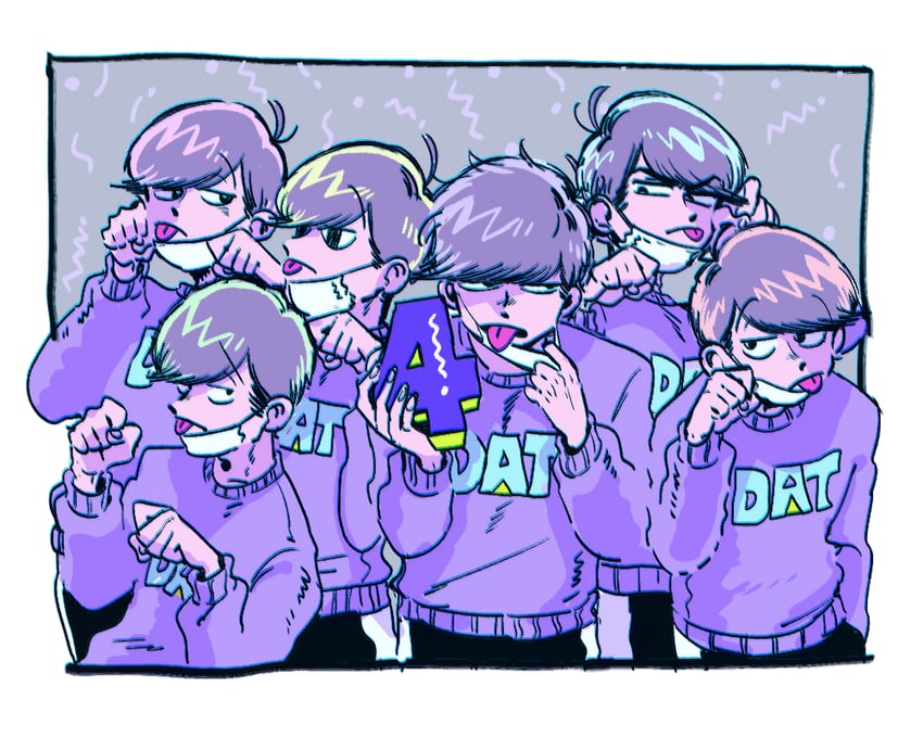 matsuno osomatsu, matsuno karamatsu, matsuno ichimatsu, matsuno jyushimatsu, matsuno choromatsu, and 1 more (osomatsu and 1 more) drawn by korozikoro