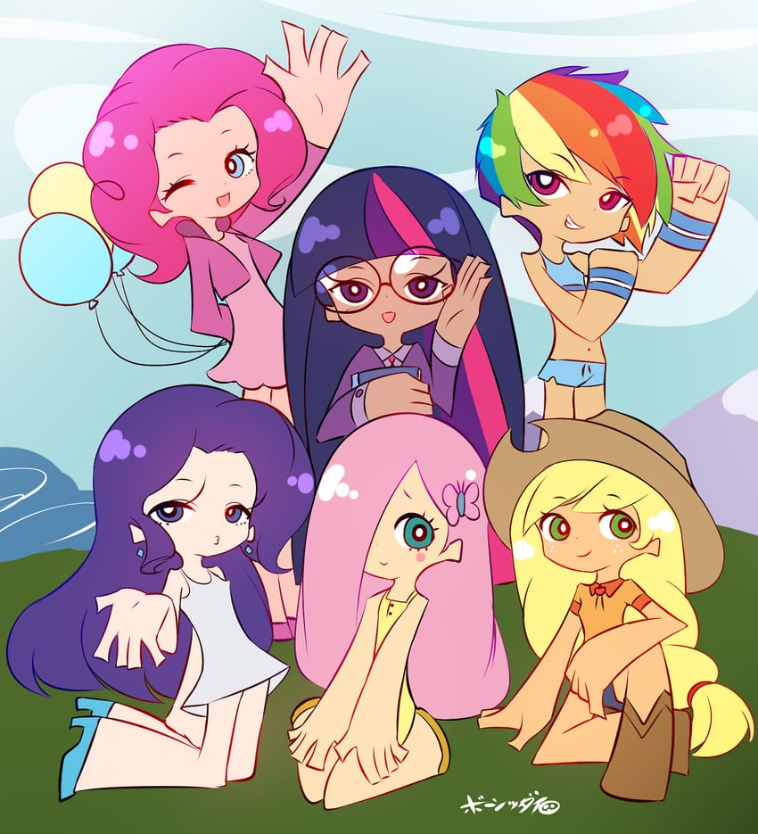 twilight sparkle, fluttershy, rainbow dash, pinkie pie, applejack, and 1 more (panty & stocking with garterbelt and 2 more) drawn by born-to-die