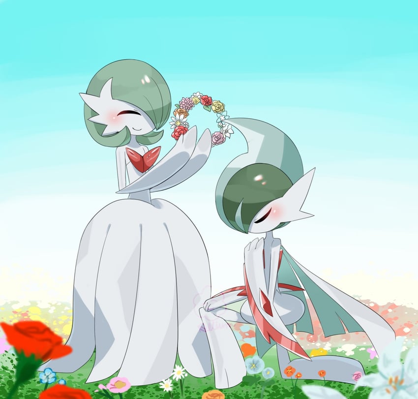 gardevoir, mega gardevoir, gallade, and mega gallade (pokemon) drawn by ariumu
