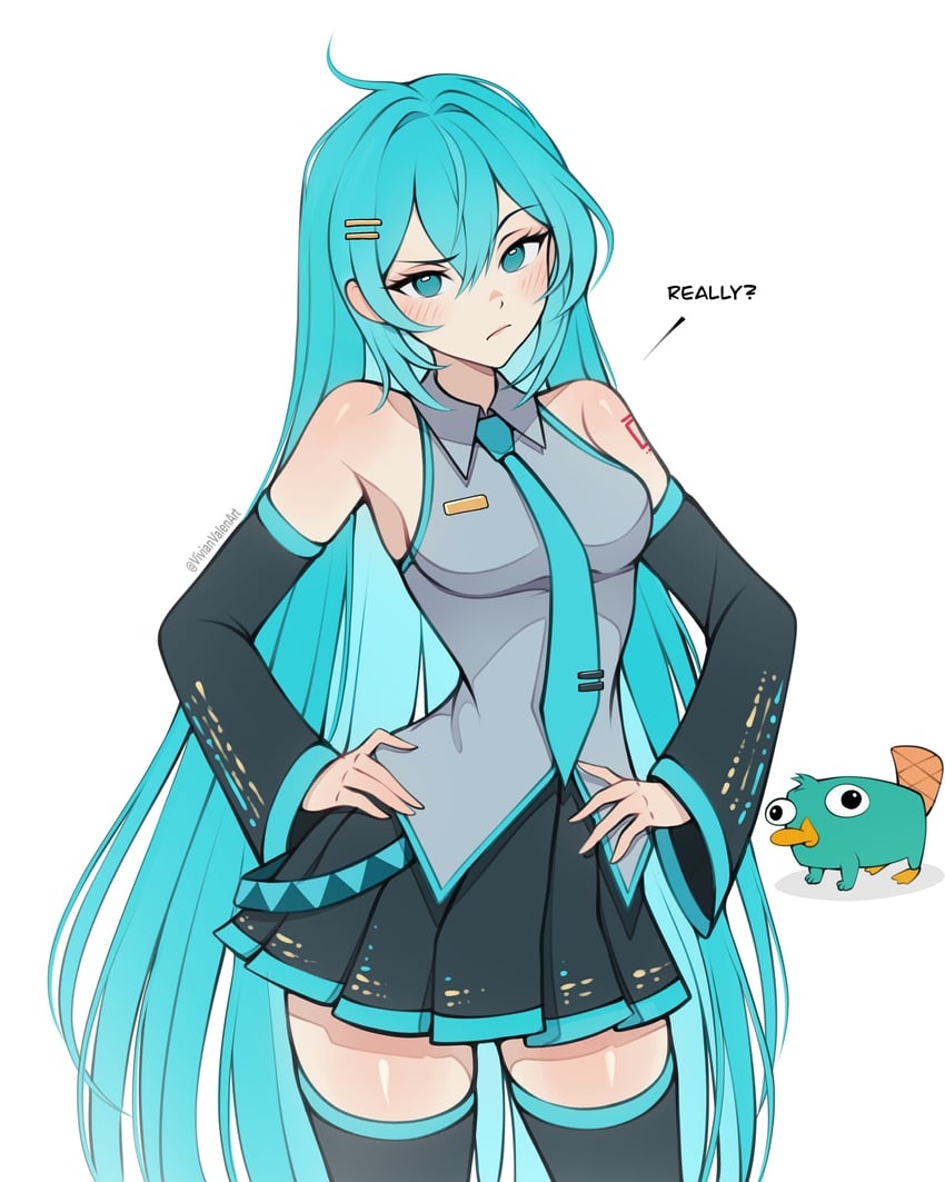 hatsune miku and perry the platypus (vocaloid and 1 more) drawn by vivianvalenart