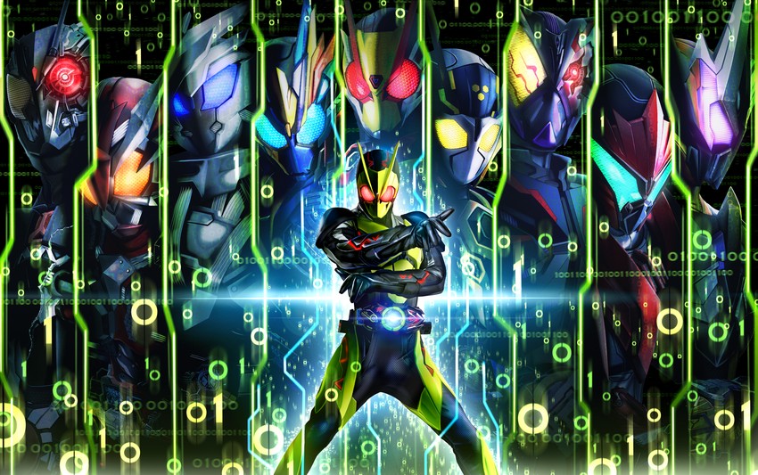 kamen rider zero-one, kamen rider zero-two, kamen rider valkyrie, kamen rider vulcan, kamen rider ark-zero, and 6 more (kamen rider and 1 more) drawn by masukudo_(hamamoto_hikaru)