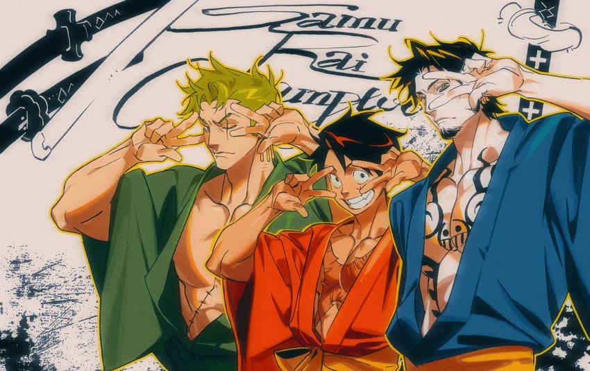 monkey d. luffy, roronoa zoro, and trafalgar law (one piece) drawn by kithwith_(kith_0121)
