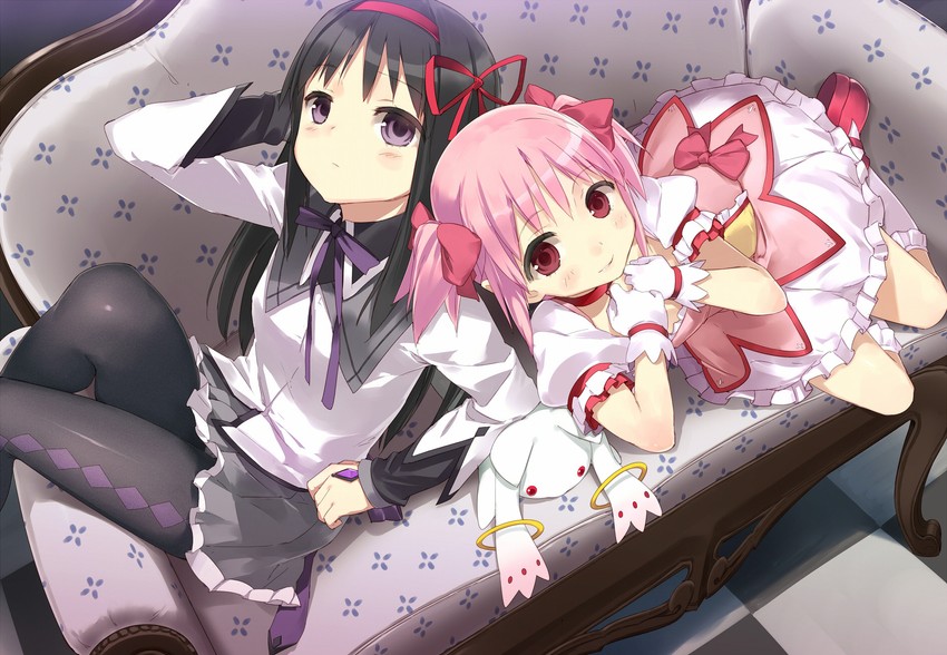 akemi homura, kaname madoka, and kyubey (mahou shoujo madoka magica) drawn by uni_(plastic_girl)