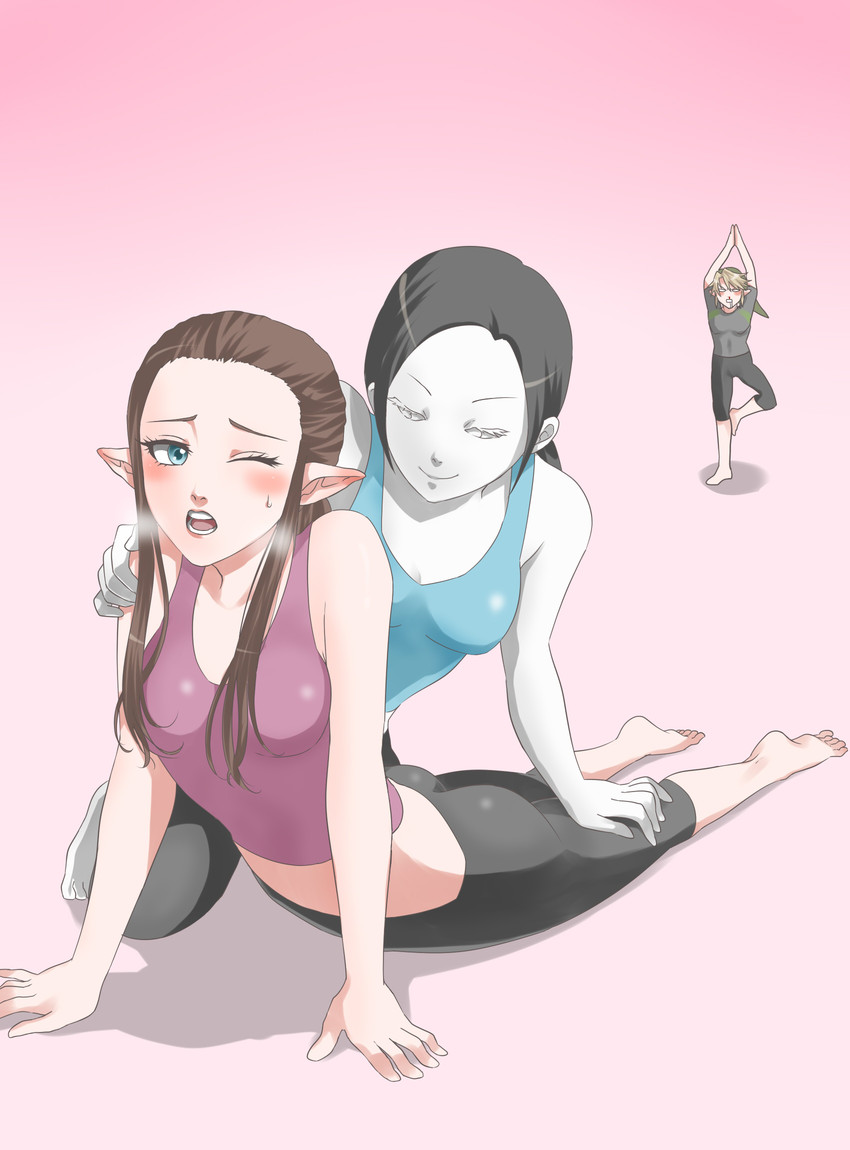 link, princess zelda, and wii fit trainer (the legend of zelda and 3 more) drawn by wasabi_(legemd)
