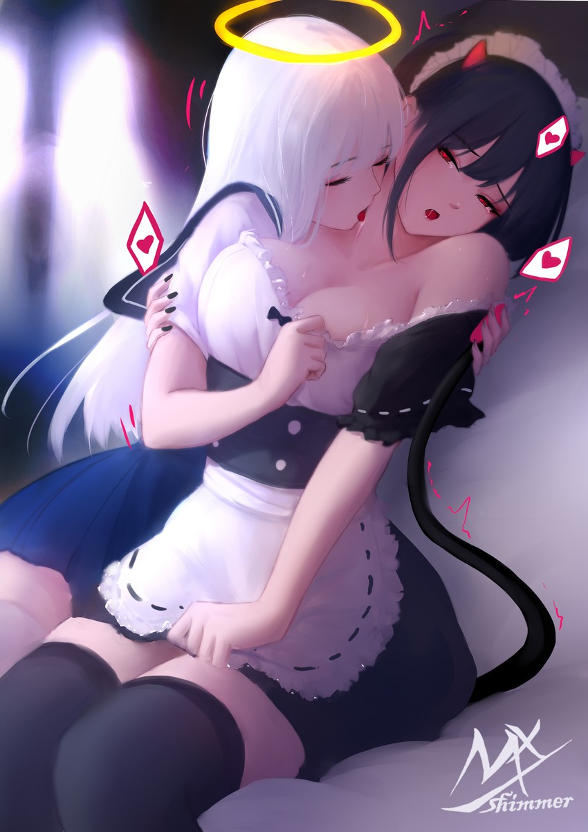 black-haired demon girl and angel girl (original) drawn by shimmer