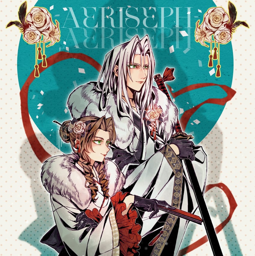 aerith gainsborough and sephiroth (final fantasy and 2 more) drawn by zdax20001212