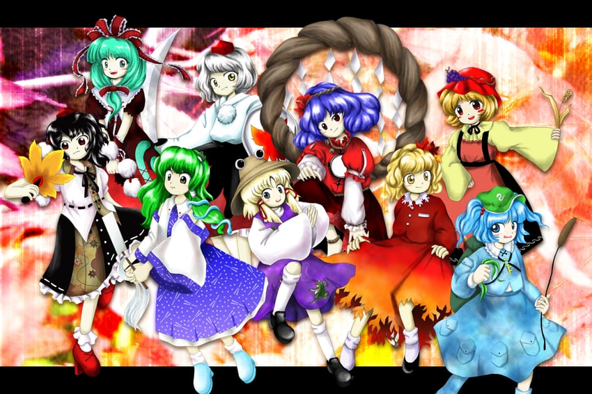 kochiya sanae, shameimaru aya, inubashiri momiji, moriya suwako, kawashiro nitori, and 4 more (touhou and 1 more) drawn by medinki